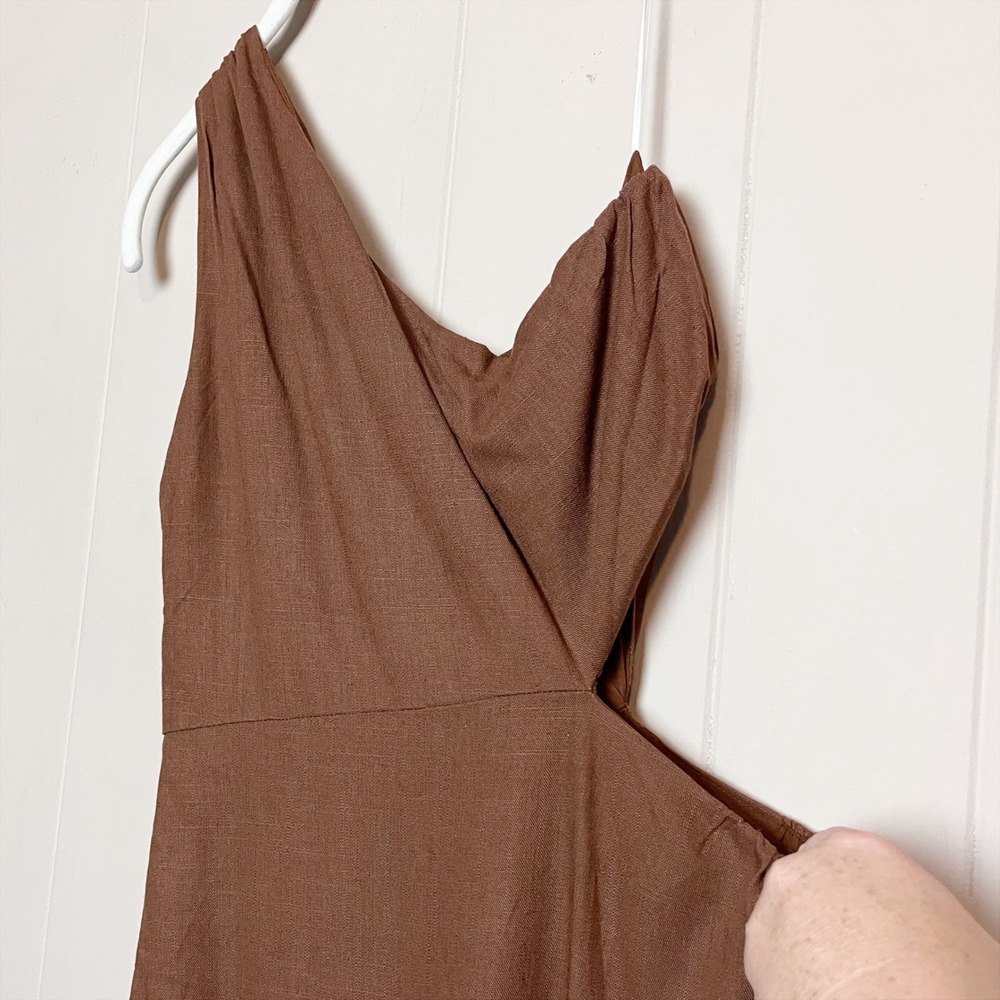Billy J NWT Cleo Mini Dress 6 Brown One Shoulder Cutout Linen Blend Minimalist - Picture 7 of 13
